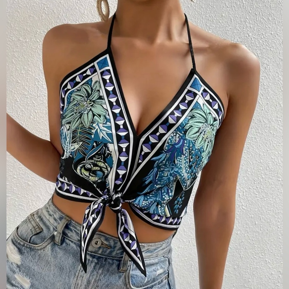 Multicolor Floral Halter V Neck Camisole Tank - Picture 3 of 6